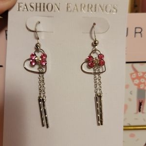 Long silver/pink bow earrings